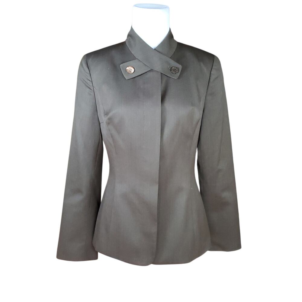 Carolina Herera Blazer Jacket Wool Taupe Gray Minimalist High Crossover Neck 6